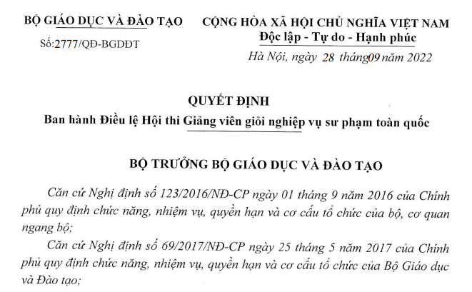 Quyết định ban hành Điều lệ Hội thi Giảng viên giỏi Nghiệp vụ Sư phạm toàn quốc