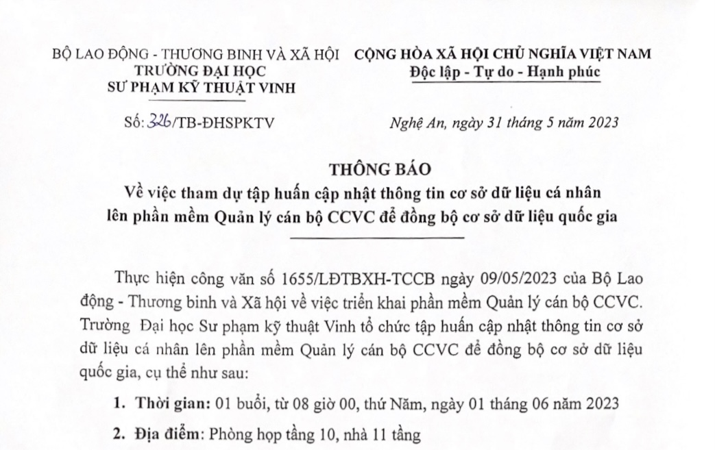 Thông báo tham dự tập huấn và cập nhật thông tin cơ sở dữ liệu cá nhân lên phần mềm Quản lý cán bộ CCVC để đồng bộ cơ sở dữ liệu quốc gia