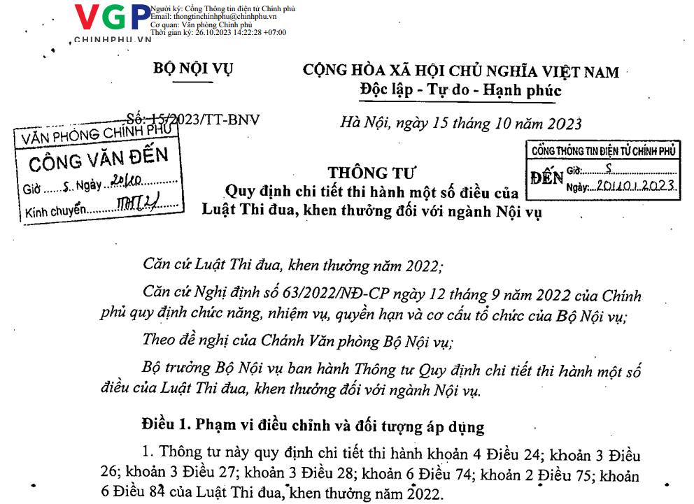 Thông tư số 15/2023/TT-BNV ngày 15/10/2023 của Bộ Nội vụ: Quy định chi tiết thi hành một số điều của Luật Thi đua, khen thưởng đối với ngành Nội vụ