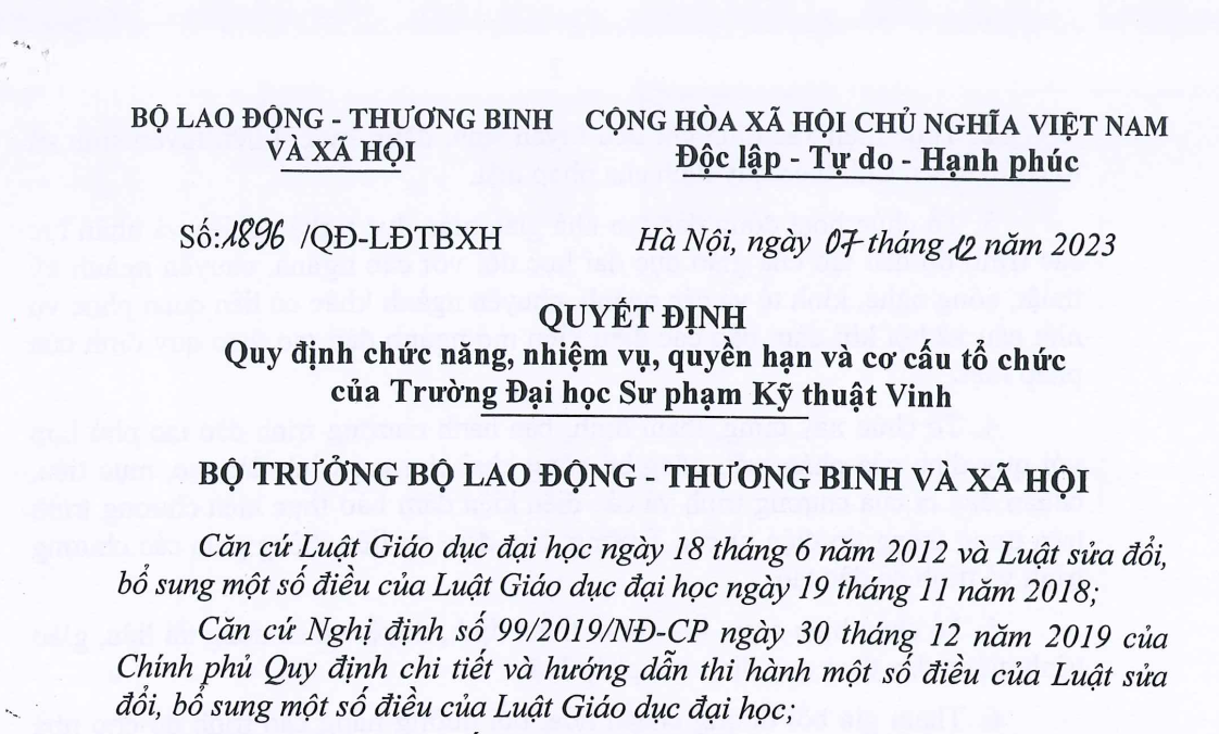 Quyết định số 1896/QĐ-LĐTBXH ngày 07/12/2023 của Bộ Trưởng Bộ Lao động - Thương binh và Xã hội Quy định chức năng, nhiệm vụ, quyền hạn và cơ cấu tổ chức của Trường Đại học Sư phạm Kỹ thuật Vinh