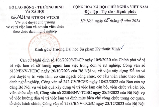 Quyết định số 1421/BLĐTBXH-VTCCB ngày 05/04/2024của Bộ Lao động Thương binh và Xã hội về việc Phê duyệt chủ trương danh mục Vị trí việc làm năm 2024